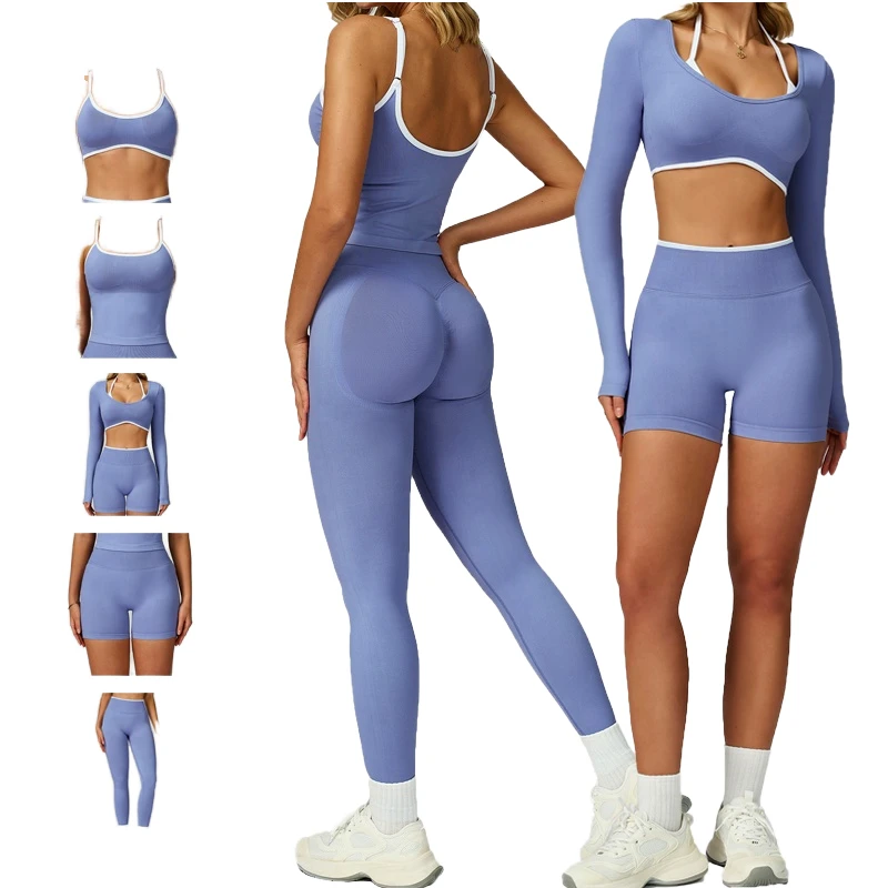 Women's Fitness Outfit Outdoor Running Workouts Seamed Color-Block Yoga 5-Piece Set High Waist Backless Plus Size Breathable