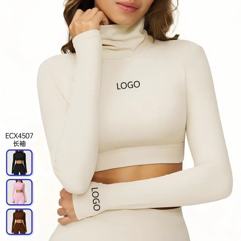 Women Plus Size Spring Eco-Friendly Turtleneck Long Sleeve Gym T-Shirt Yoga Fitness Top Soft Breathable Spandex/Nylon SKINNY Fit