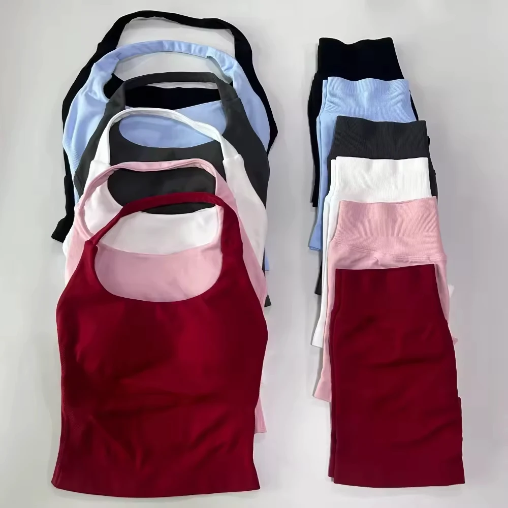 2 Pcs Gym Set Women's High Stretch Halter Sleeveless Yoga Set Tops with Hip Lift High Waist Shorts for Fitness Gym Workout Suits