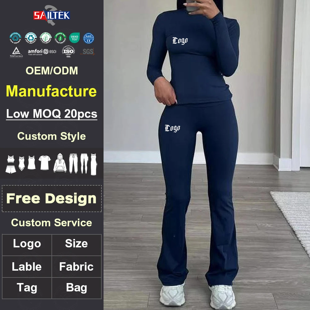 Custom 2 Piece Womens Y2K Yoga Sets Gym Fitness Sports Outfit Long Sleeves Tops and Flared Yoga Pants Two Pieces Women Sets