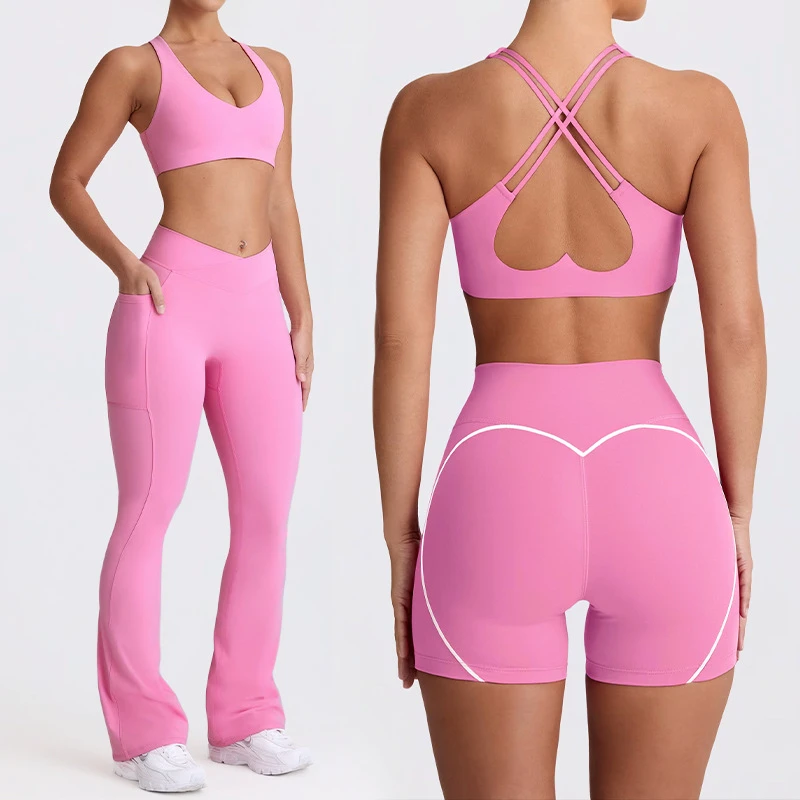 Women's Custom Logo Sexy Back Straps Bra V Cut Leggings Set Solid Sports Suit for Fitness Gym Yoga Wear Side Pocket Front Logo