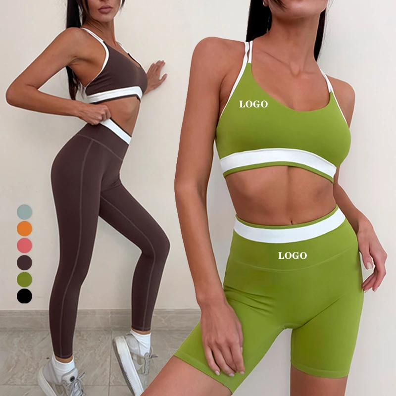 Womens Active Wear 2 Pcs Splicing High Quality Yoga Leggings Nylon Spandex Back Cross Straps Yoga Sets Sportswear Manufacturer