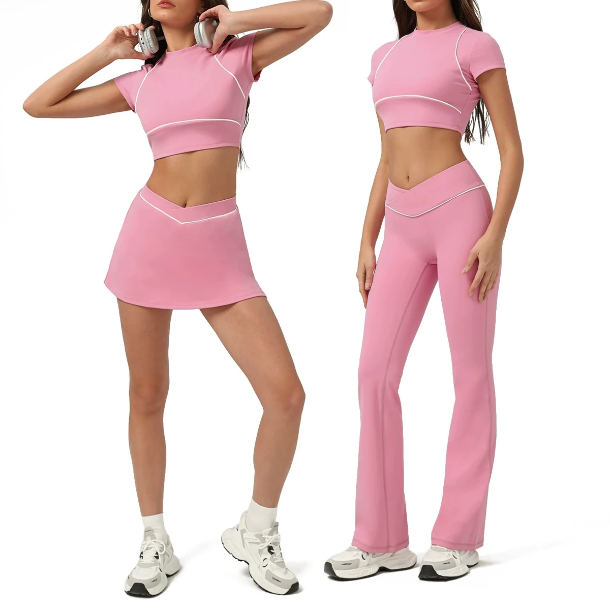 Women Solid Soft Workout Sets 2-Piece Yoga Outfits Gym Clothes Crop Top Skirt Set High Waist Leggings Wide Leg Sweat Pants
