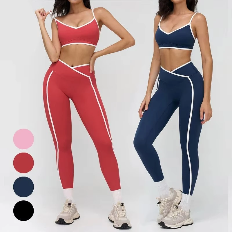 New Arrival Women Gym Fitness Wear Workout Clothing Yoga Set Contrast Color Sport Bra High Waist Shorts Solid Quick Dry Front