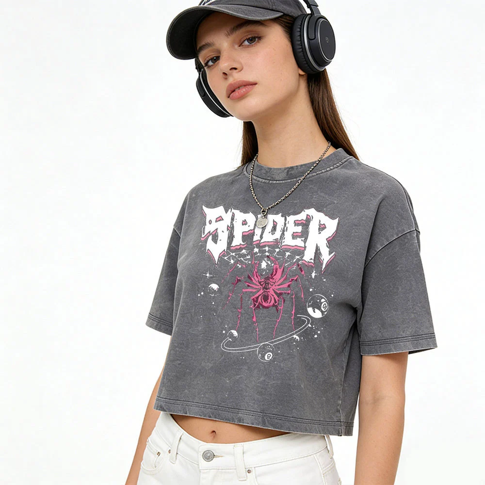 AMCLEVER 240GSM Heavyweight Cotton Vintage Washed Crop Top Women Acid Washed Short Sleeve Cropped Tee Streetwear