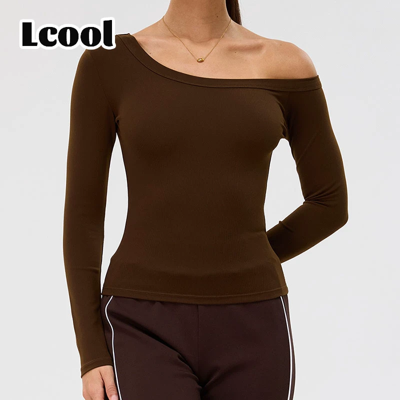 Lcool Off-Shoulder Yoga Top Womens Ribbed Breathable Lightweight Active Wear Quick-Dry Tight-fitting Sports Long-sleeved T-shirt