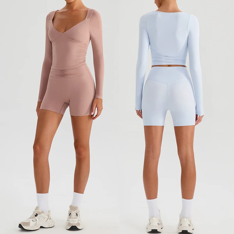 New Arrival Lightweight Breathable V-Neck Long Sleeve Yoga Top Quick-Dry Fitness Activewear with Chest Pad Front Logo Position