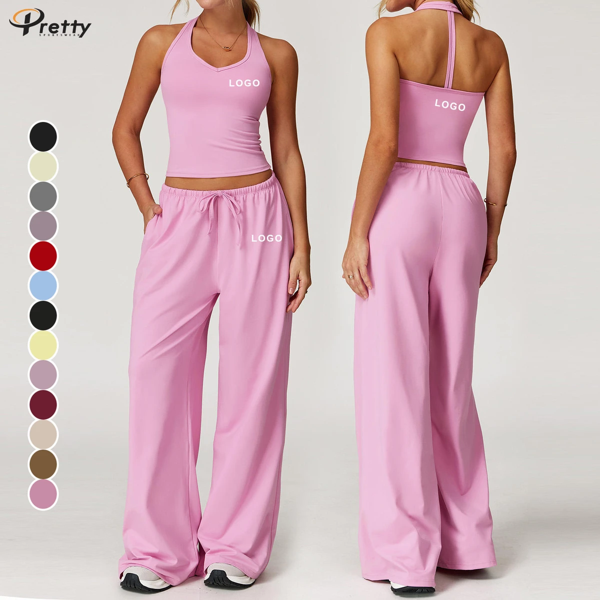 Custom Women's Gym Activewear 2-Pc Set T-Line Tank Top Drawstring Loose Pants Quick Dry Tennis Running Gym Clothing Yoga Wear
