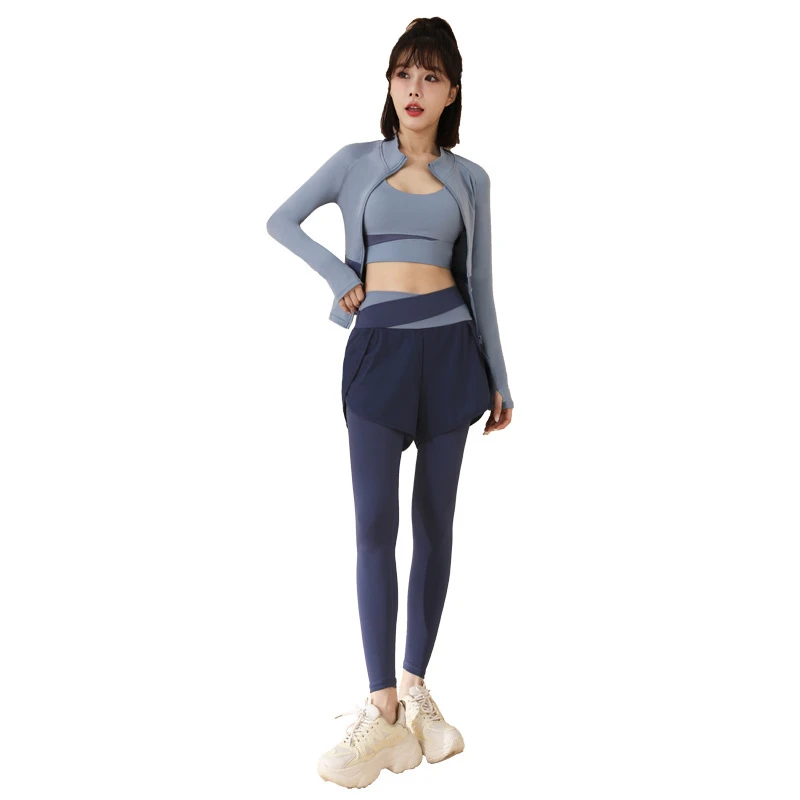 Color Matching Solid Yoga Three-piece Set Internet Celebrity High Waist Hip Lifting Running Sportswear Breathable Slim-fit for
