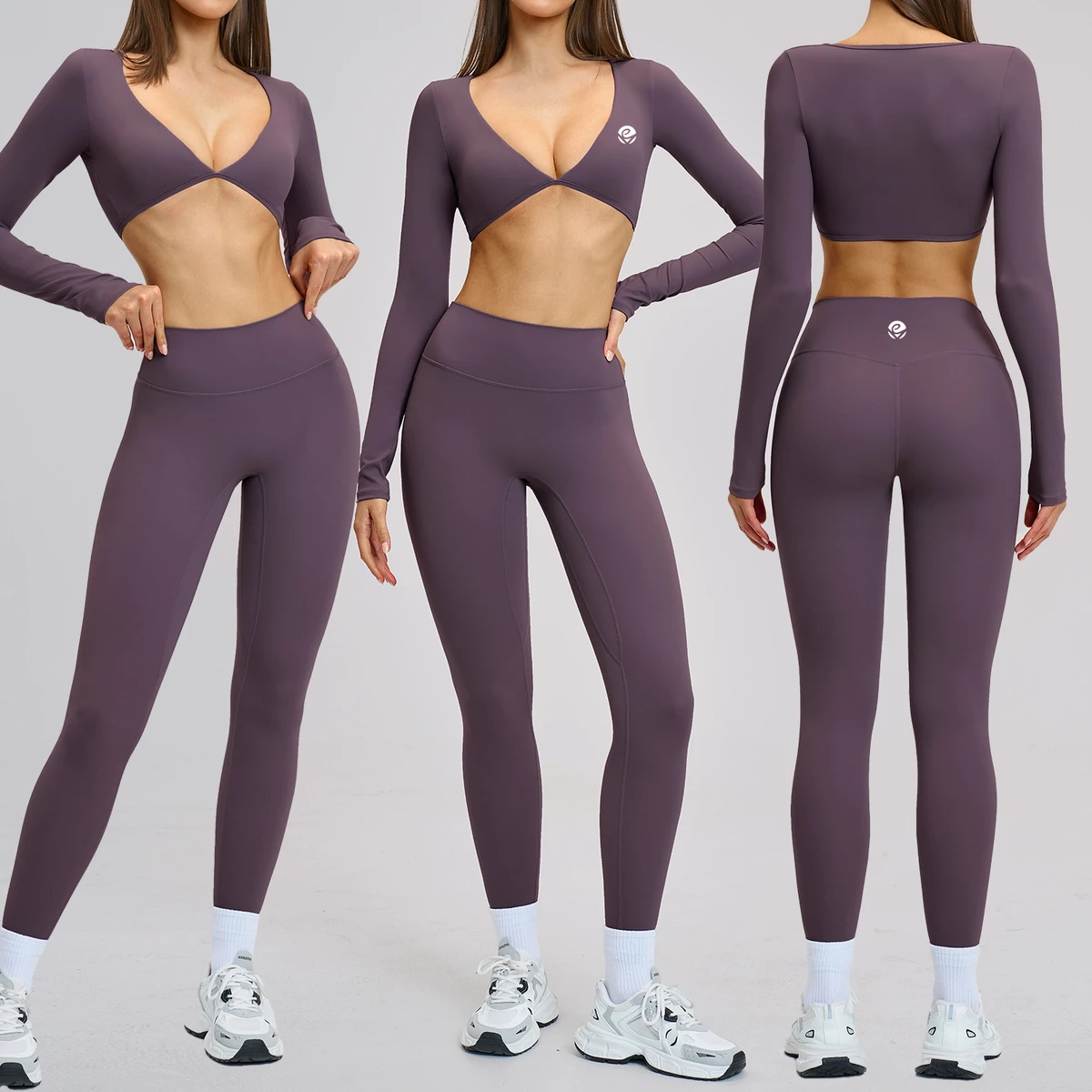 Custom Women 2 Piece Yoga Suit Spandex Breathable Sports Long Sleeve Top & High-Waisted Yoga Leggings Elastic Waist Full-Length