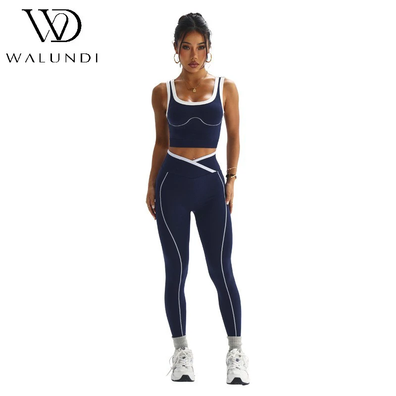 Yoga Clothes Set Women's New Blue Fashion Contrast Two Piece Yoga Clothes High Waist Hip Lift Pilates Training Sports Suit