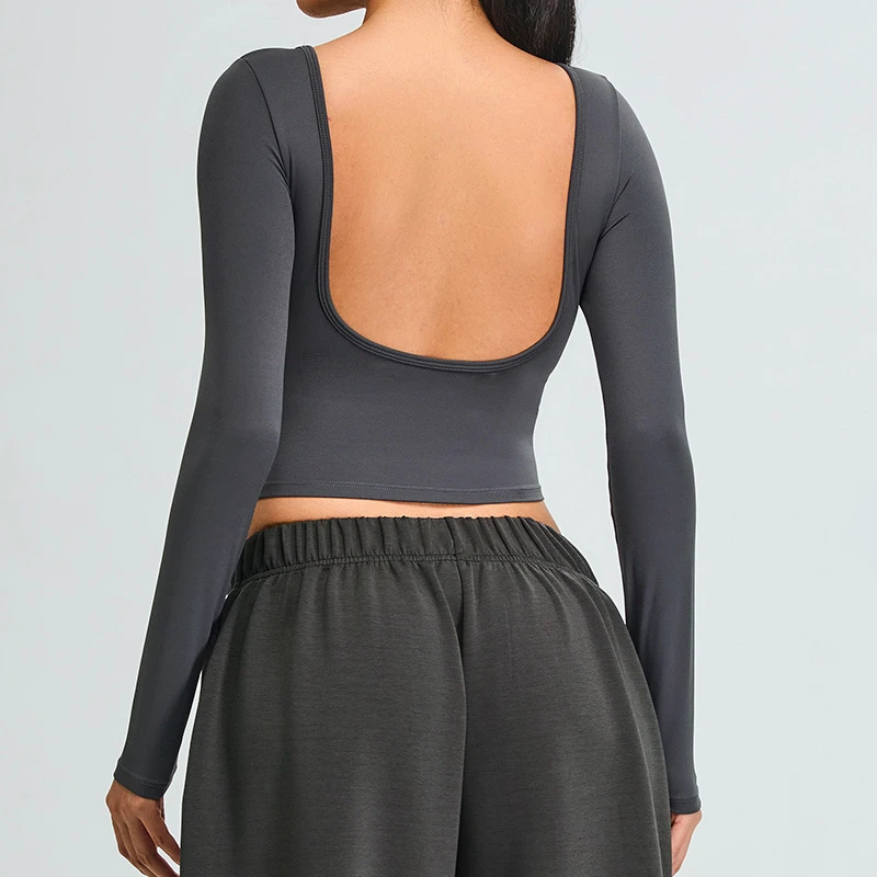 Cross-Border New Backless Plus Size Yoga Tank Top Long Sleeve Women Slim Sports Quick-Drying Spandex/Nylon Running