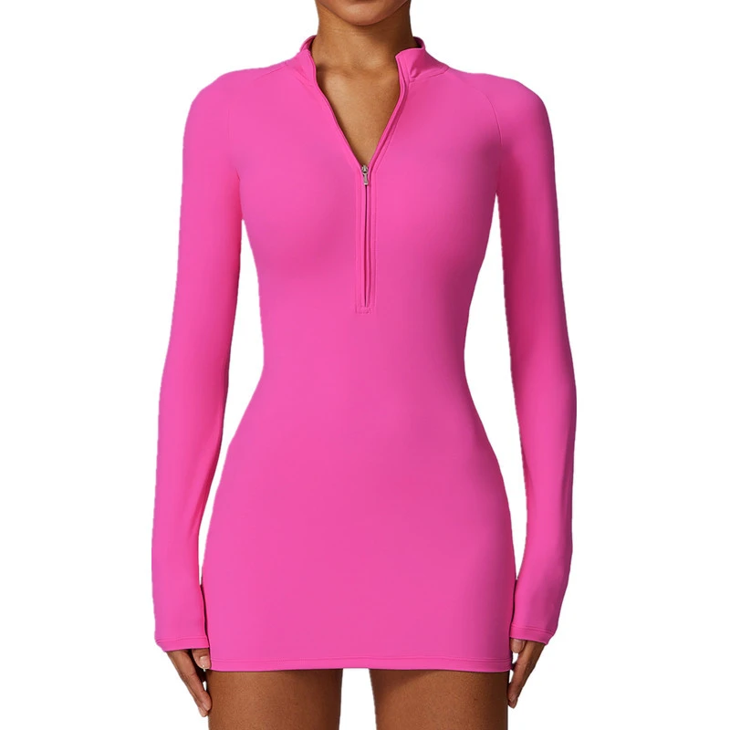 New Zipper Naked Feeling Tight Sports Dress Slimming Fast Dry Fitness Yoga Long Sleeved Casual Skirt Yoga Clothing