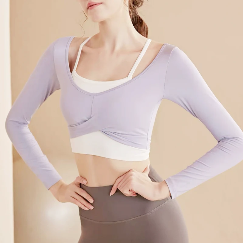 Women Clothing Hanging Neck Two Piece Sport Wear Top Long Sleeve Gym Wear T-Shirt Quick Drying Yoga Elastic Crop Top