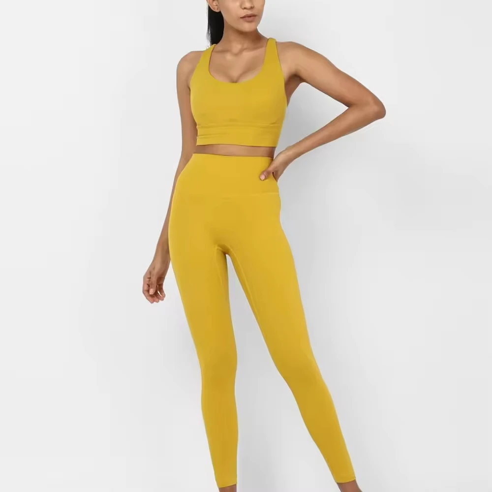 High Quality Solid Short Sleeveless High Waist Yoga Set Women Spandex/Polyester Quick Dry Breathable 2-Piece Front Custom Brand