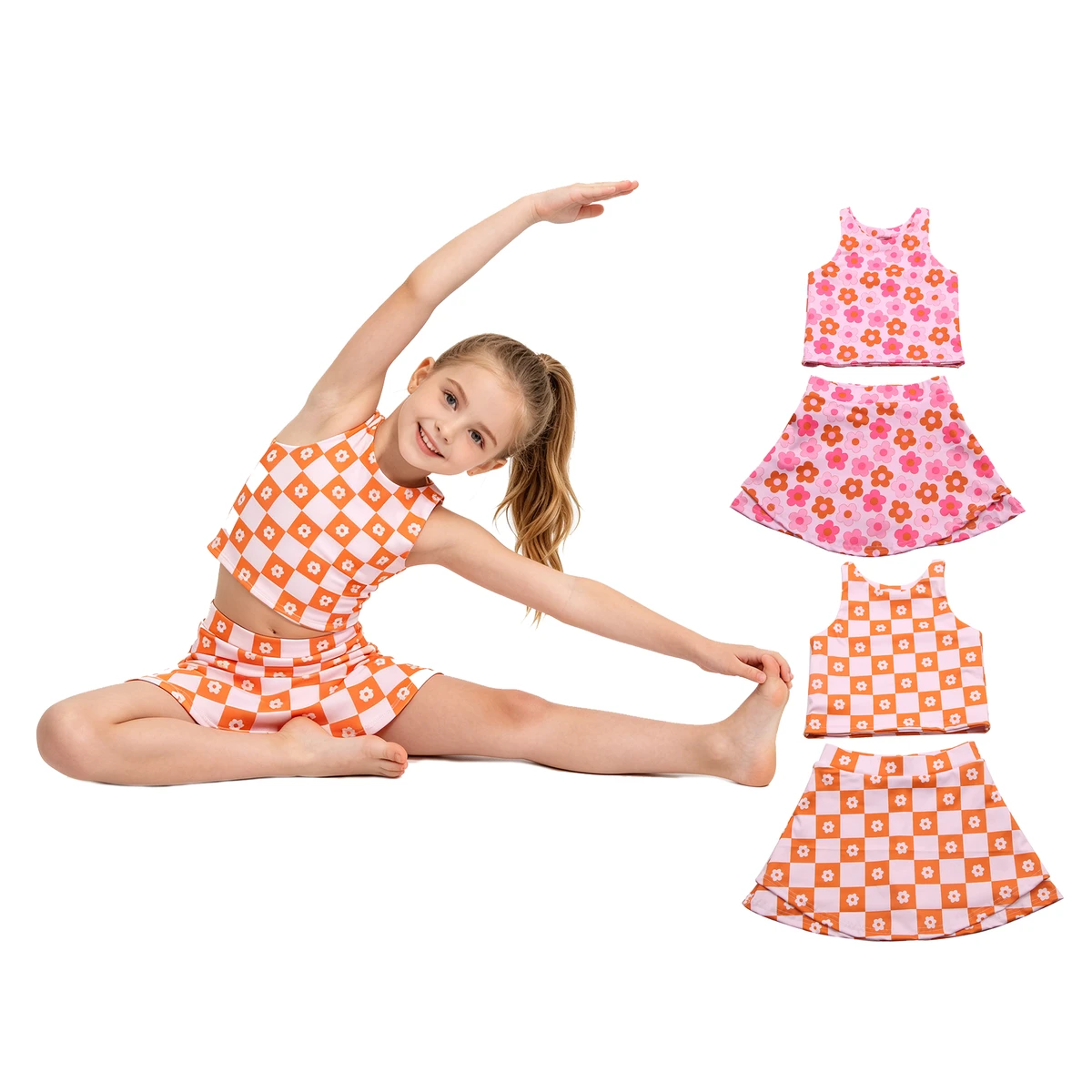 Wholesale Sports Yoga Wear Kids Clothes OEM Design Custom Floral Prints Girls Sleeveless Tennis Top Skort Yoga Set Quick Dry