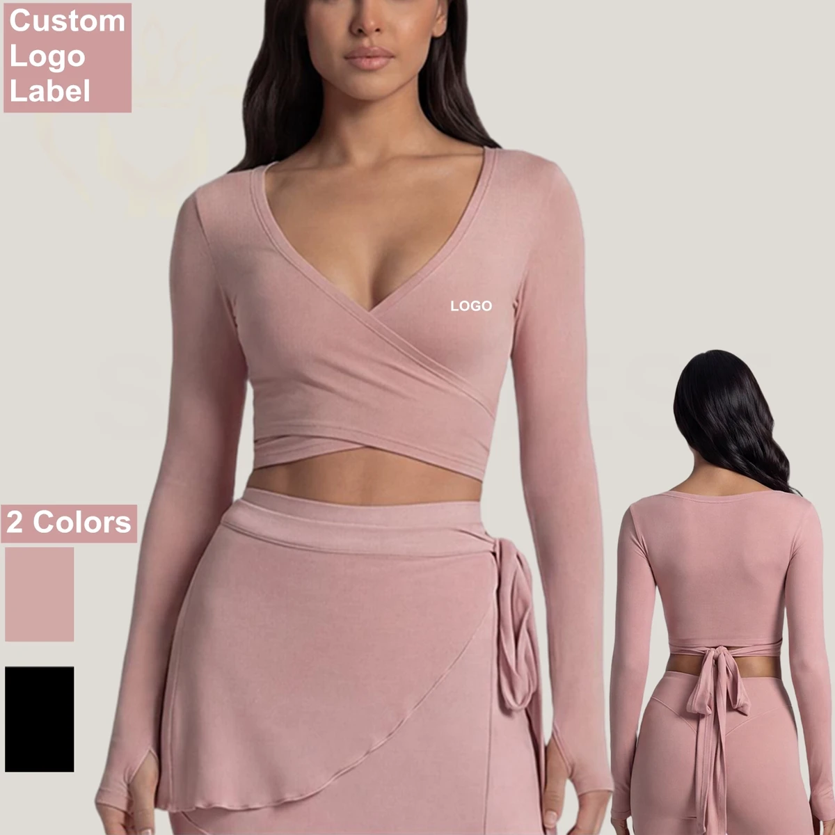 Wholesale Ballet Wrap Tops Long Sleeve Slim Fit Athleisure Tie Cropped Yoga Tops Custom V Neck Breathable Pilates Training Suit