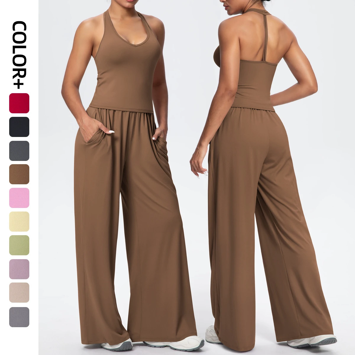 Brushed Women's Breathable Recyclable Sports Two-Piece Vest Top Oversized Loose Fit Wide Leg Flared Pants Full-Length Activewear