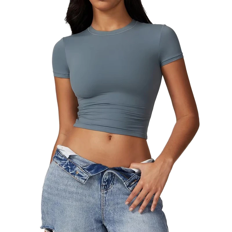 Summer Quick Dry Breathable Yoga Top Casual Crop Tops Slim Fit Short Sleeve High Neck Tight 100% Cotton T-shirt for Women