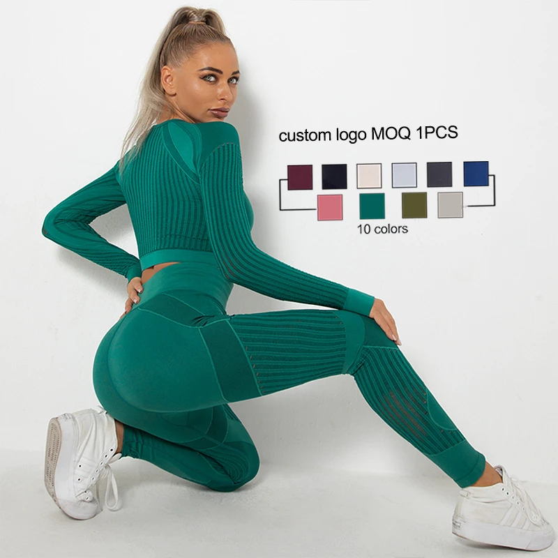Women's Sexy Seamless Hollow Mesh 2-Piece Gym Sets Long Sleeve Yoga Leggings Solid Pattern High-Waisted Elastic Waist Breathable