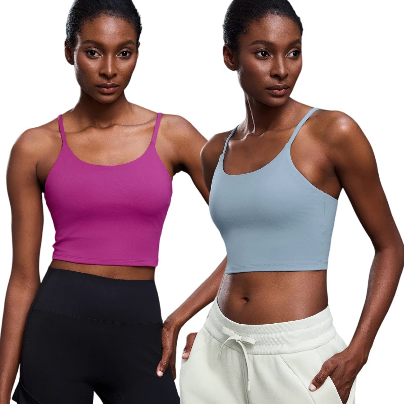New Fashion Thin Straps Yoga Sports Bra with Front Logo Medium Support High Stretchy Soft Fabric for Women Gym Workout