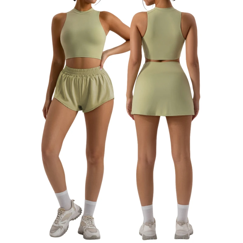 Women's Gym Quick-Dry Essentials Yoga Tennis Fitness Clothes Sets Custom Logo Racerback Crop Top Bra Loose Shorts Tight Solid