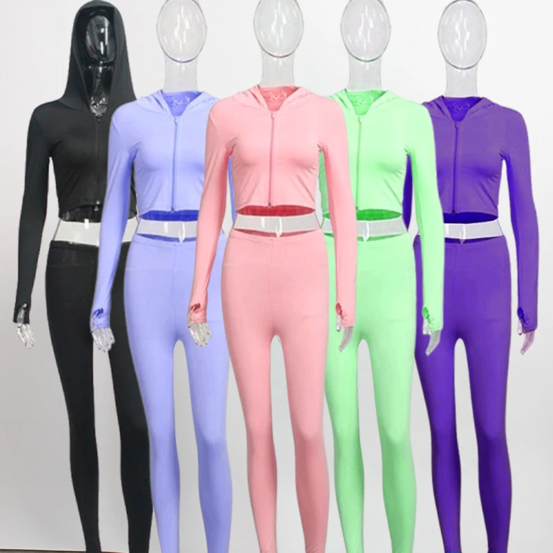 Huili Custom Logo High Stretch Tight Zipper Long Sleeve Hooded Crop Top and Pants Gmy Yoga Wear Two Piece Legging Sets for Women