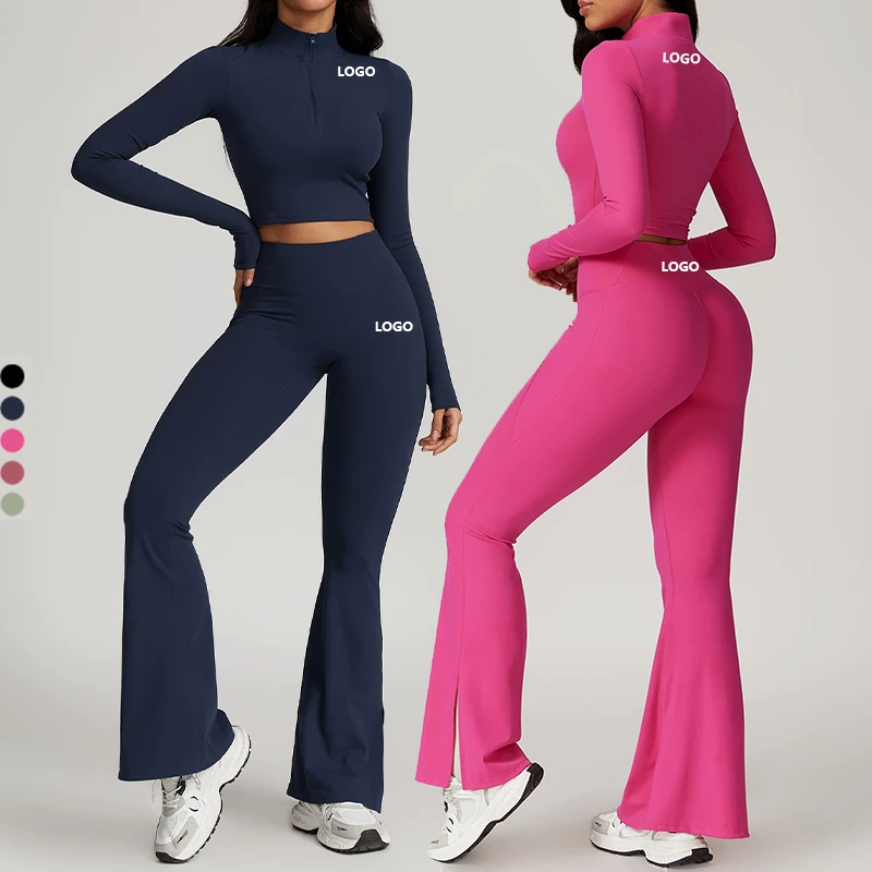 Manufacturer Fashion Solid High Waist Long Sleeve Workout Breathable Two Pieces Yoga Sets Women Clothing Yoga Outfit