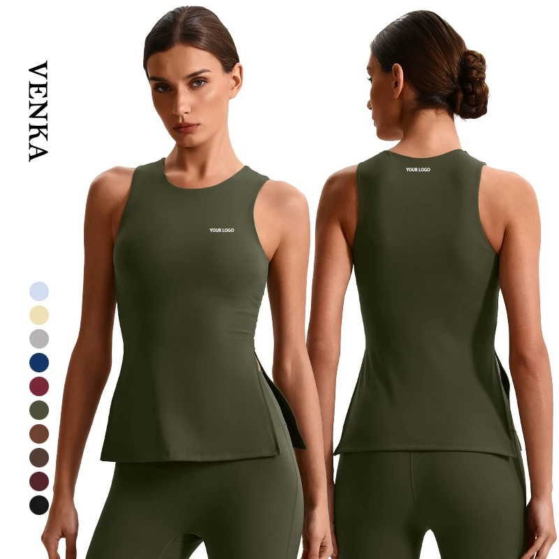 Women's Sleeveless Tank Top Breathable Quick Dry Tight Fitness Gym Round Neck Top Inside Padded Side Split for Yoga and Gym Use