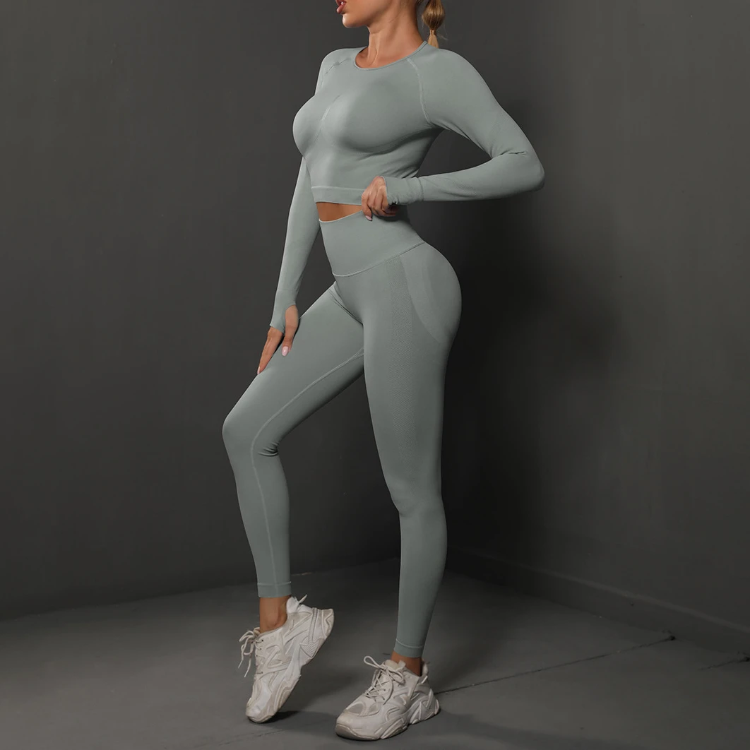 Wholesale High Quality Leggings Active Wear Athletic Women Two Piece Gym Fitness Long Sleeves Yoga Set