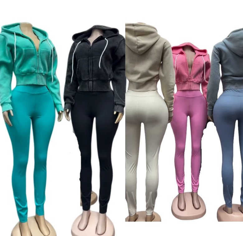 Women's Sports Yoga Set Washed Zipper Hoodie Velvet Top Jogging Pants Two Piece Pants Set Women
