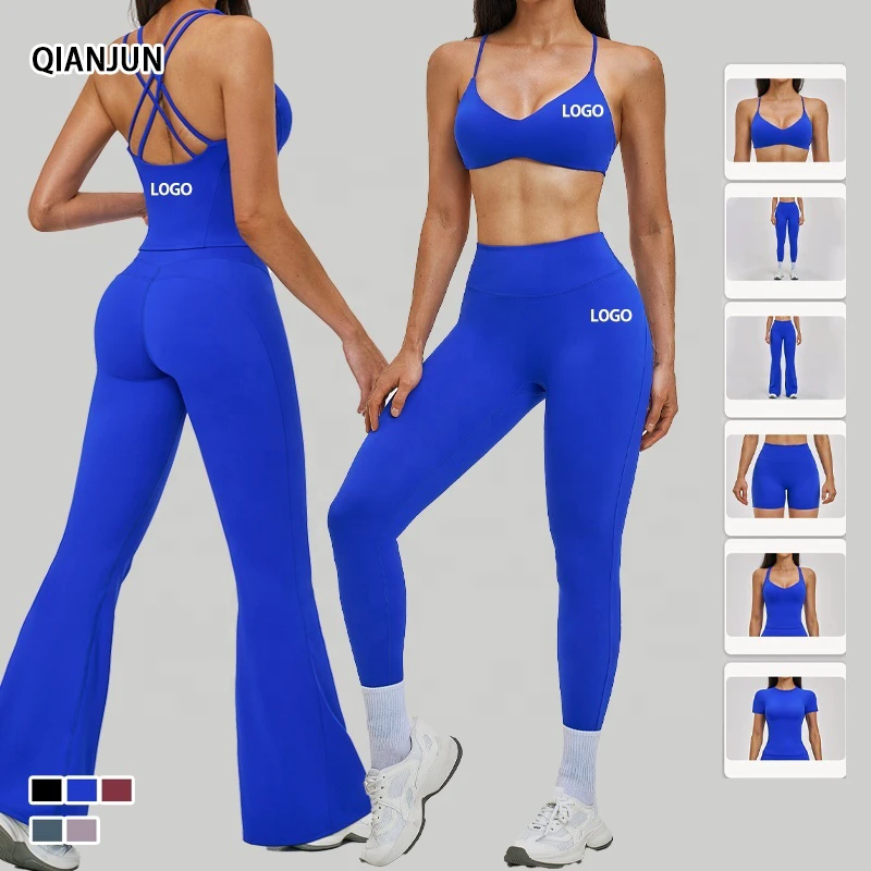 2026 Hot Selling Custom Logo Yoga Leggings for Women High Waist Flare Pants Cross Back Sports Bra 6 Piece Workout Gym Activewear