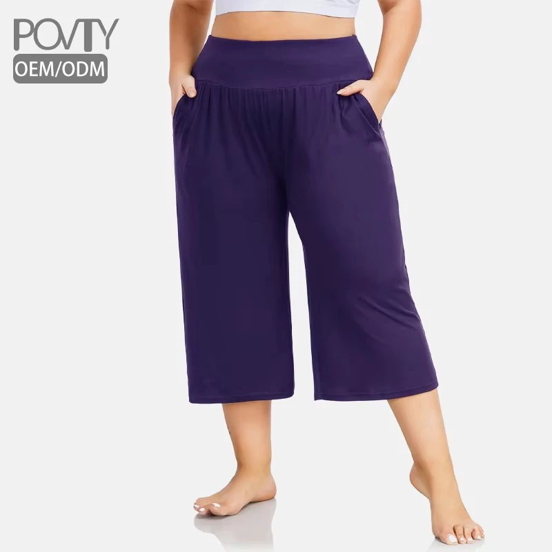 POVTY Custom Printed Women's Plus Size Capri Lounge Pants High Waist Buttery Soft Casual Loose Wide Leg Yoga Pants with Pockets