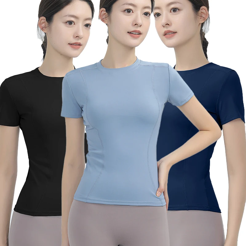 Custom Logo Women's Sports Fitness Tight-Fitting Running Sweat-Wicking Quick-Dry Top Slimming Fitted Yoga Short-Sleeved T-Shirt