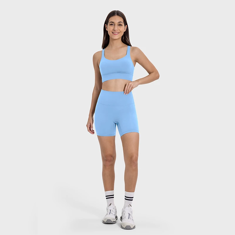 Womens Yoga Set Crop Sports Bra with Yoga Shorts Multi Strap Four Way Stretch Breathable Squat Proof Quick Dry Athletic Outfit