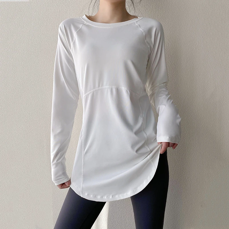 Spring/Summer for Solid Long Hip-Covering Slimming Style Back Breathable Yoga Wear Long-Sleeve Running Fitness Yoga Top