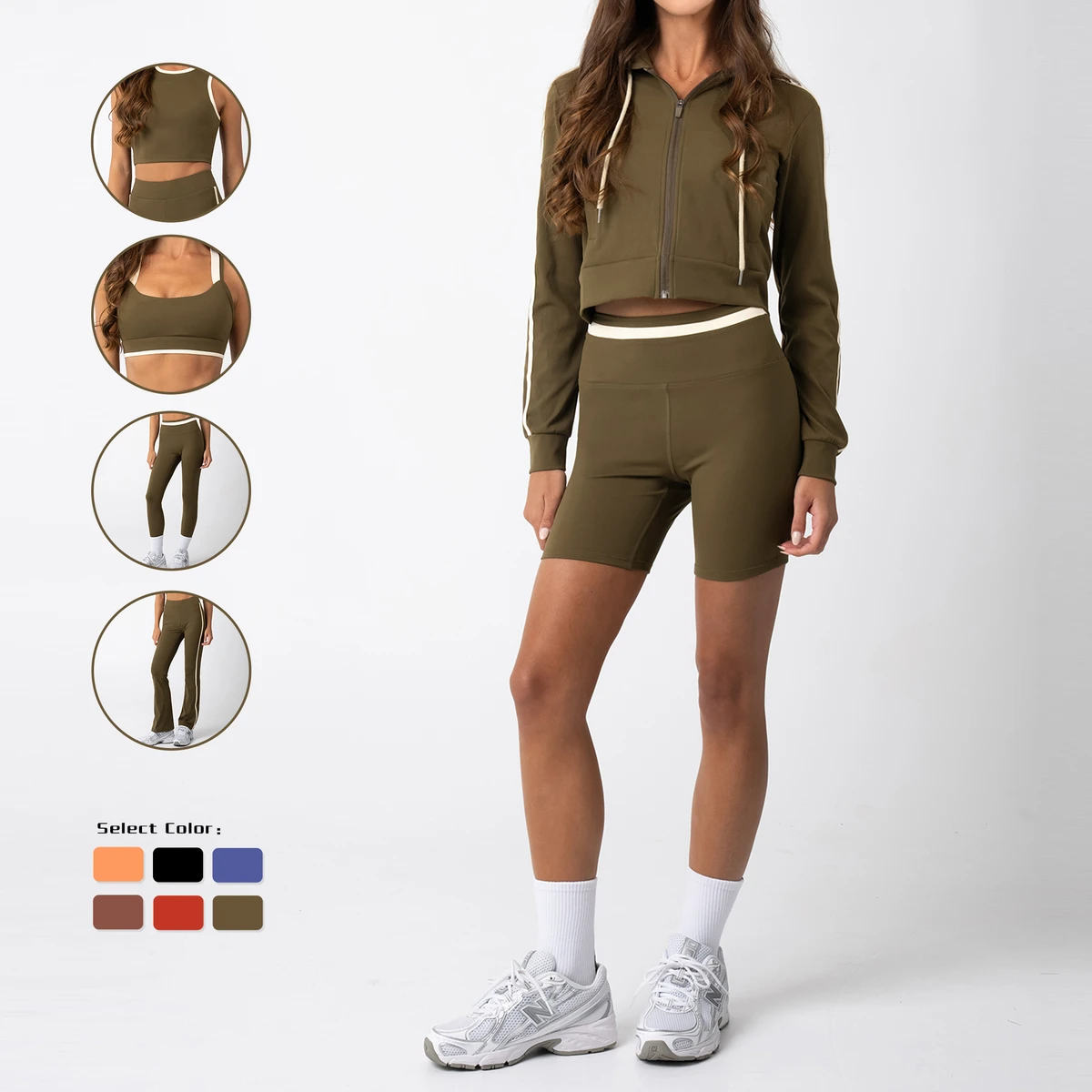Six Pieces Series Yoga Suit Women Fitness Gym Apparel Wholesale Color Blocked High Quality Fabric Biker Shorts Hollow Back Bra
