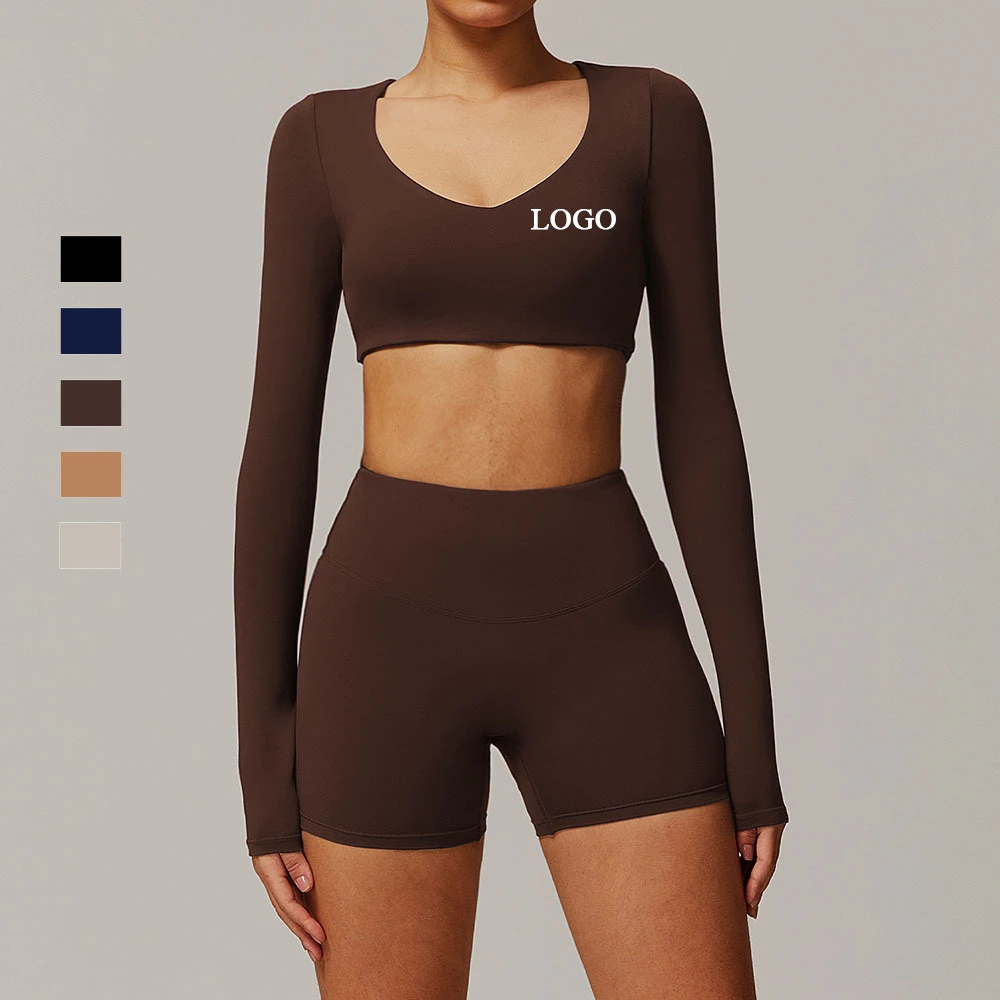 Custom Elastane Sweat-Wicking Long Sleeve V Neck Sports Tank Tops High Stretch Soft Breathable Workout Gym Yoga Crop Tops