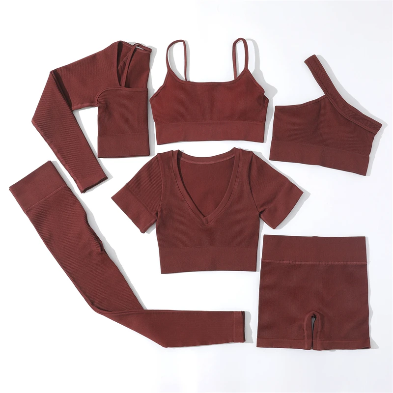 Aoyema 6 Pcs Sexy Workout Clothing High Waist Pants Sports Bra Leggings for Women Gym Fitness Set Seamless Yoga Suit Activewear
