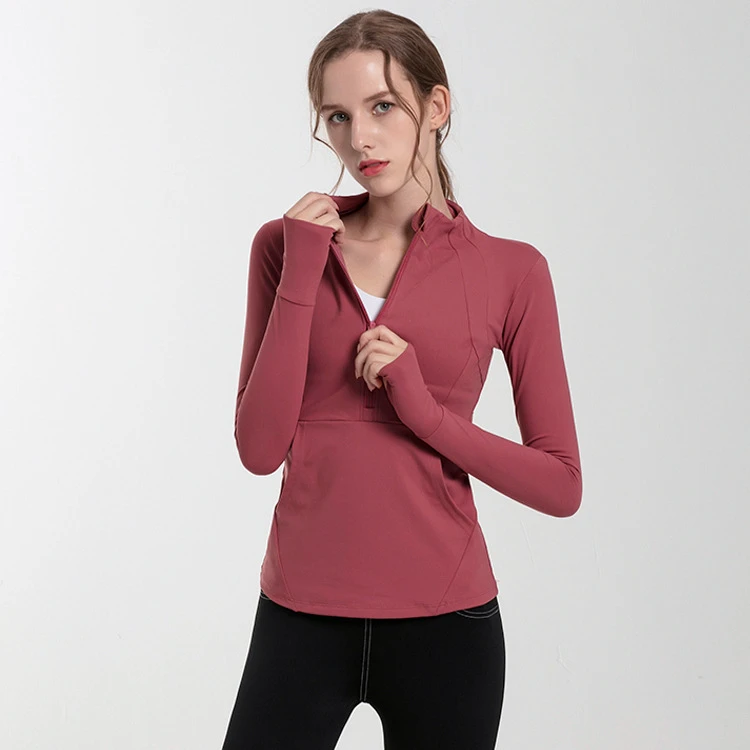 Stretchy Tight Lightweight Breathable Quick Dry Women's Autumn Winter Polyester/Nylon Yoga Long-Sleeved Zip Sport Tops Running