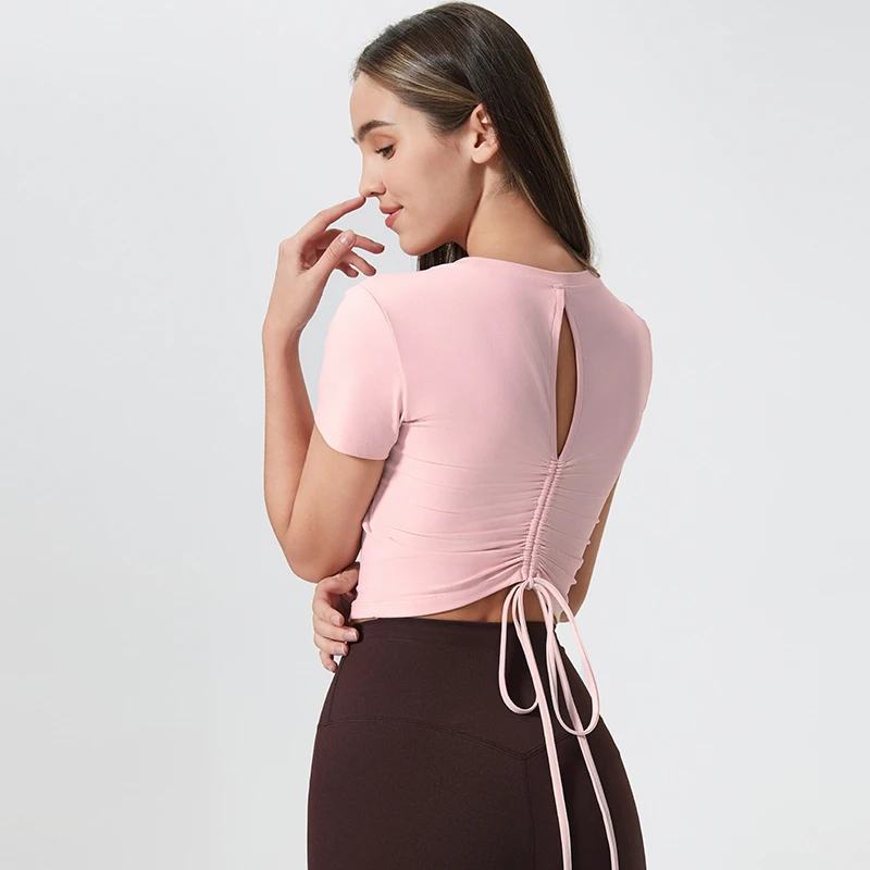 Womens Short Sleeve Crop Yoga Top NylonSpandex FourWay Stretch Moisture Wicking Breathable Quick Dry Workout Adjustable Back Tie