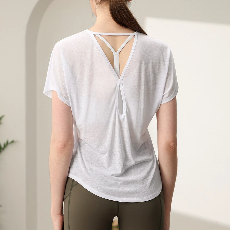 Womens Tops Short Sleeve Open Back Y Back Strap Loose Lightweight Sheer Gym Clothes Activewear Yoga Fitness Workout Casual Run
