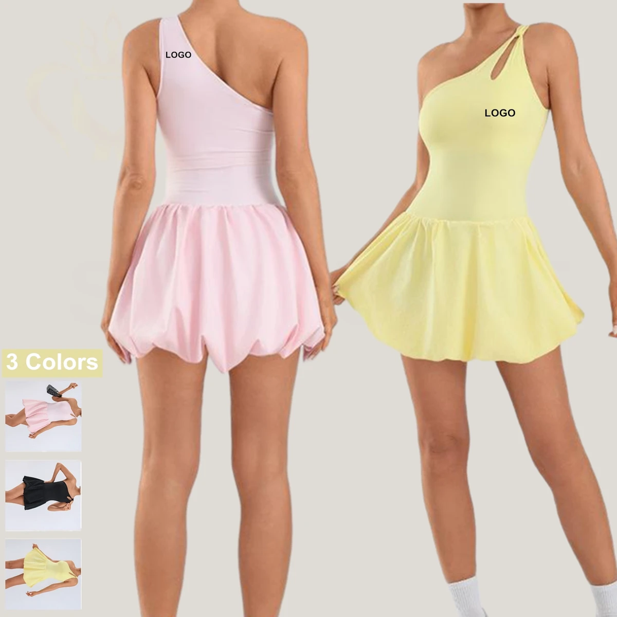Custom Sports Gym Dress Soft Skin-friendly Breathable Single Strap Back Pink Yellow Black One-piece Yoga Dress