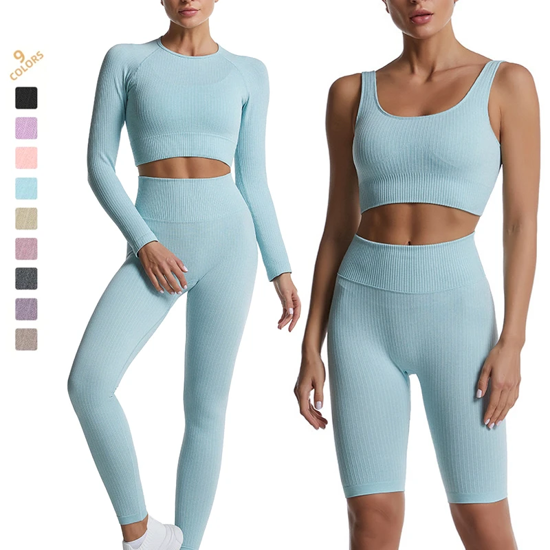 Wholesale 5 Pieces Ribbed Ropa De Mujer Seamless Fitness Clothing, Custom Ladies Stretchy Yoga Top + Gym Shorts Leggings Sets