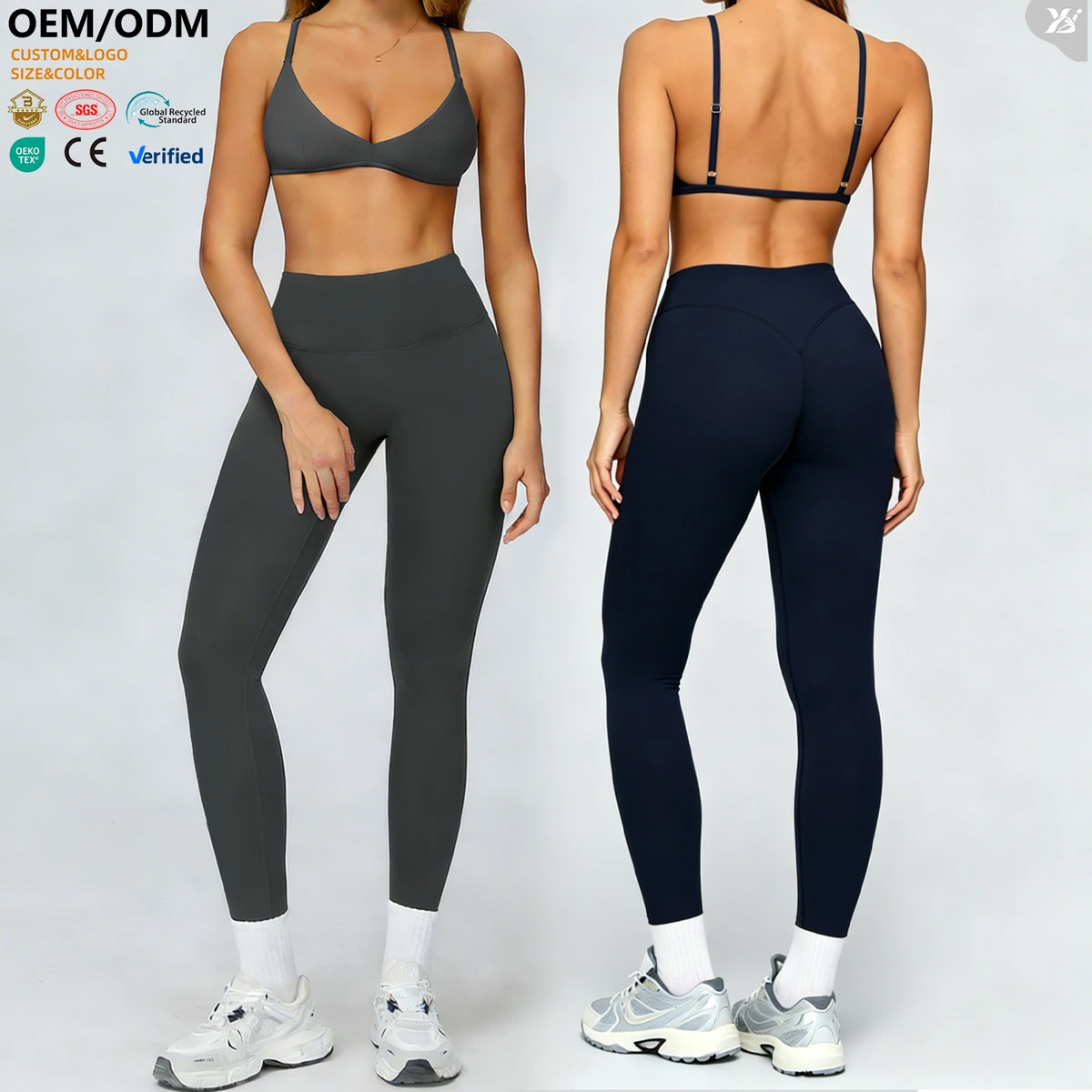 XW-AWX8002-3+ACK8002-1 Wholesale Breathable Outfit Solid Gym Fitness Halter Sports Bra High Waist Pants Two Piece Yoga Bra Set
