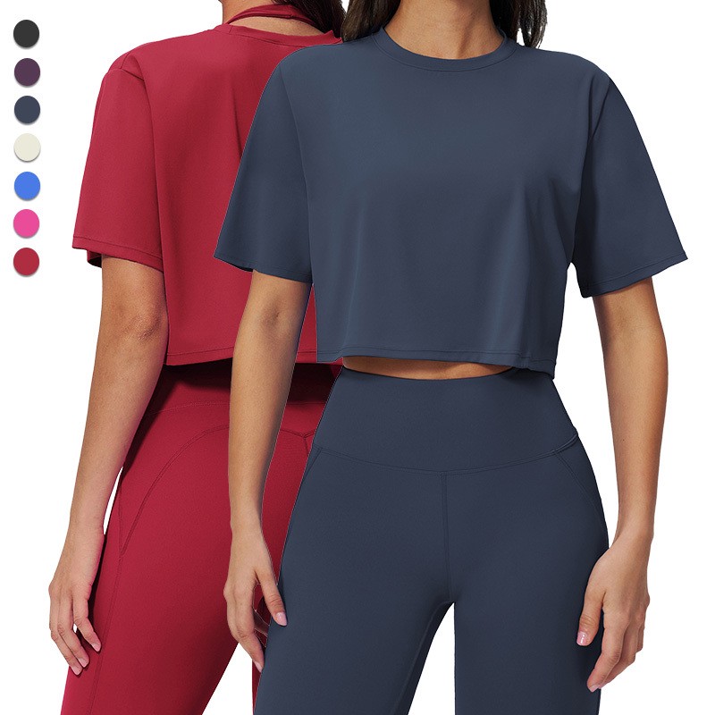 FDX3091 Women's Sports Short Sleeve Top Loose Style Crew Neck Cropped T-Shirt for Running Sports Yoga Top