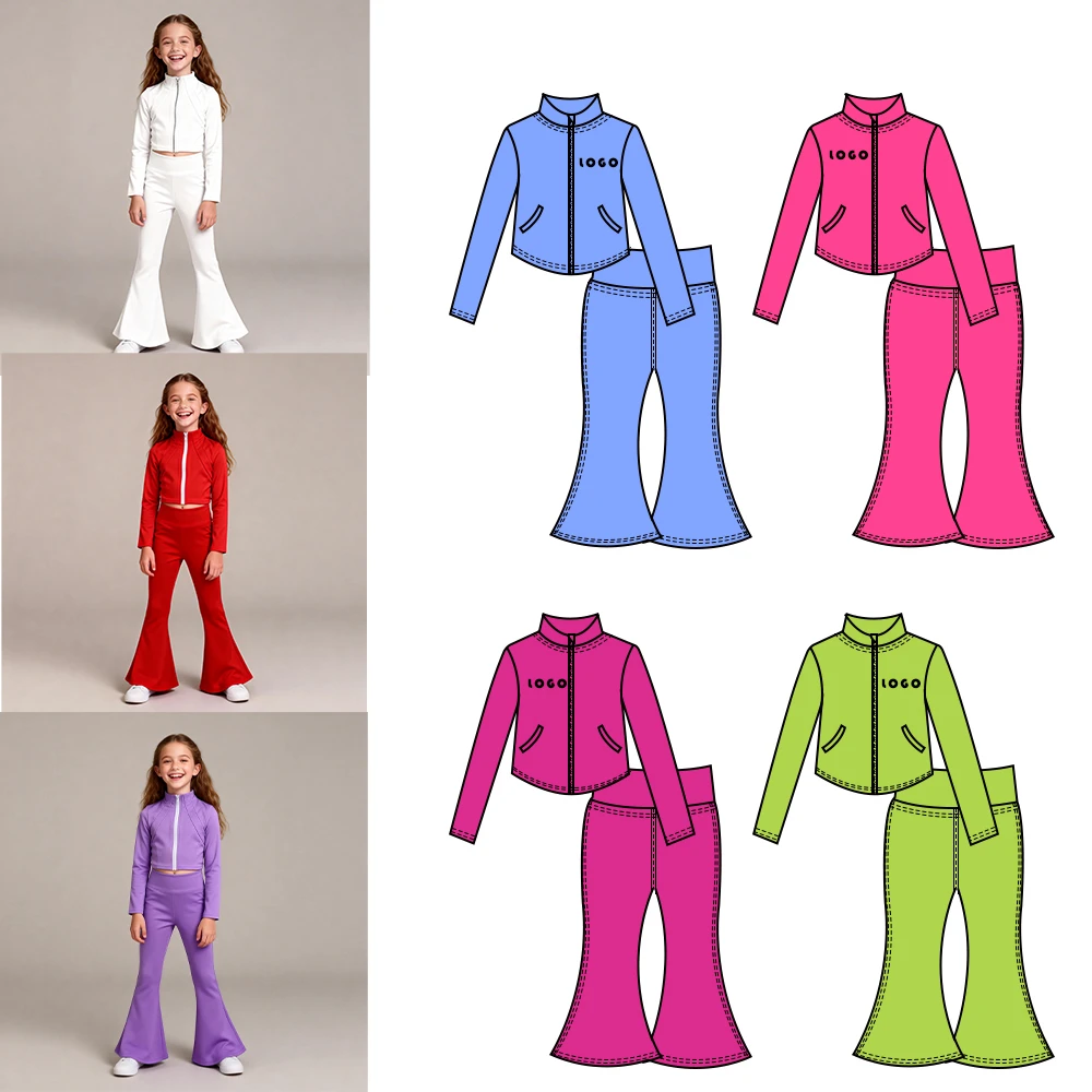 Custom Logo 2 Piece Kids Fitness Clothing Flare Pants Full Zip Jacket Gym Activewear Workout Yoga Suit Set for Girls