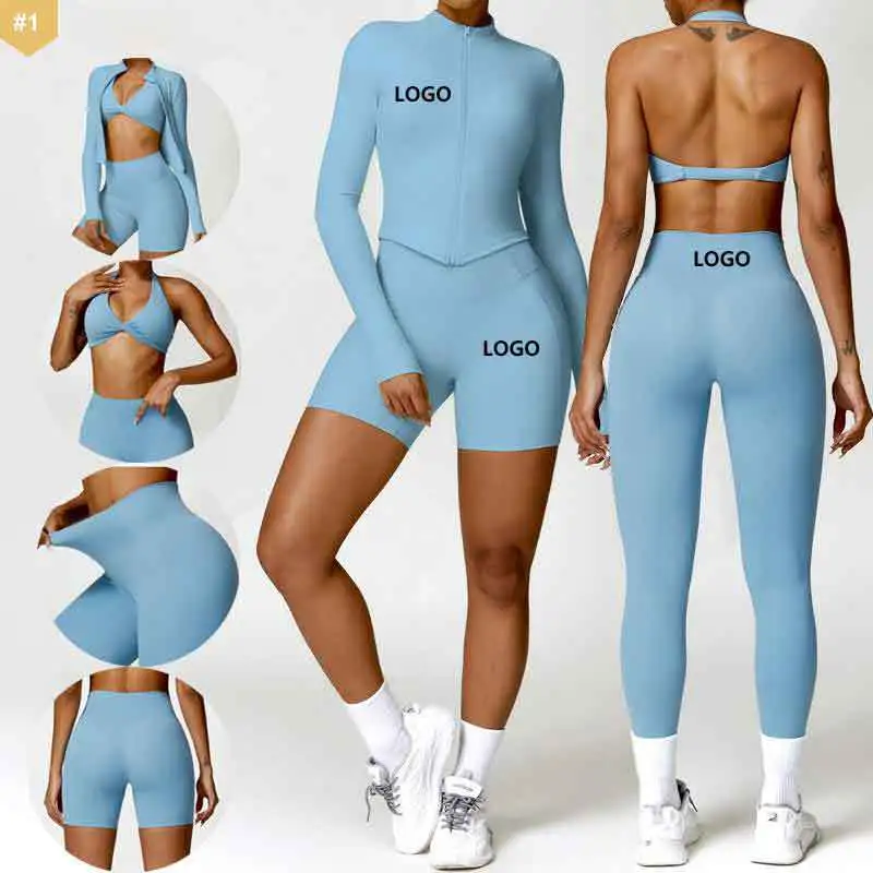 Women's High Waist Solid Front Logo 4-Piece Reversible Butt Lift Breathable Eco-Friendly Workout Sportswear Sets Plus Size