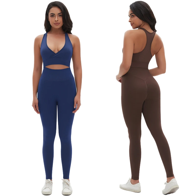 Breathable Seamless High Quality 2-Piece Women's Yoga Bra Leggings Set V-Neck Solid Spandex/Polyester Elastic Waist Pilates