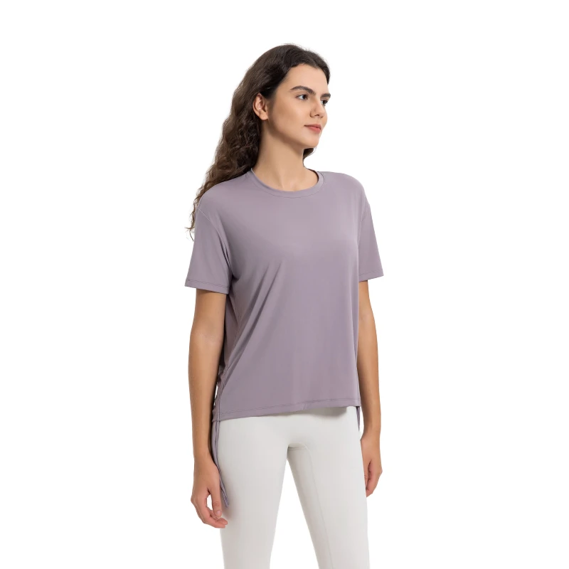 High End Breathable Yoga T-Shirt Front Logo Loose Fit Wholesale Round Neck Sport Active Workout Clothes for Women Spandex/Nylon